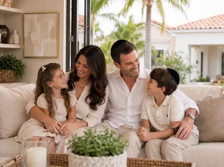 Family sitting together in a bright living room